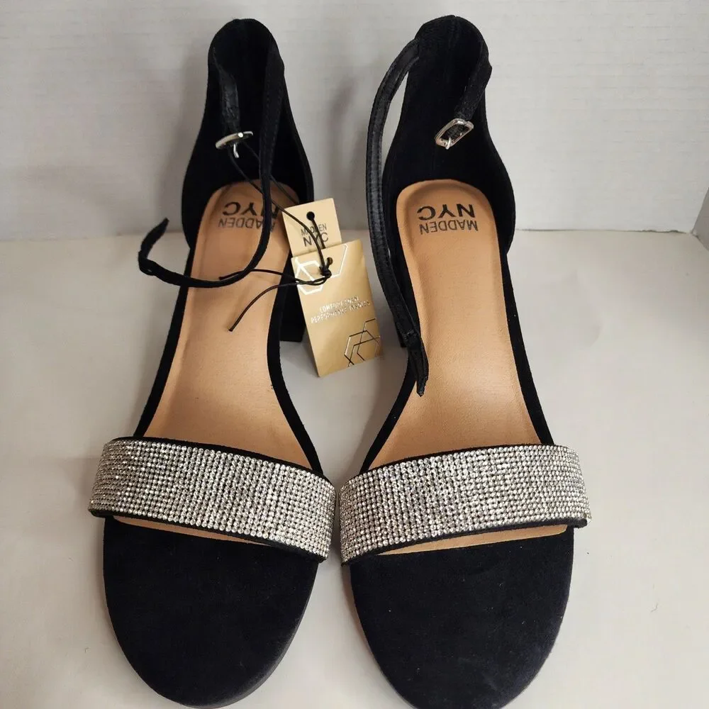 NIB MADDEN NYC WOMENS BLACK SZ 8 RHINESTONE ILLIE CITY BLOCK HEEL STRAPPY SANDAL